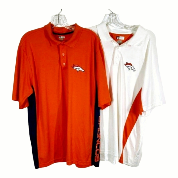 Two *NFL Team Apparel XL Denver Bronco Polo Shirts (Orange Spellout & White) - Picture 1 of 9